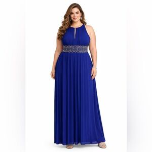 Elegant Blue Women's Dress gown embellished waist halter plus size women’s 18